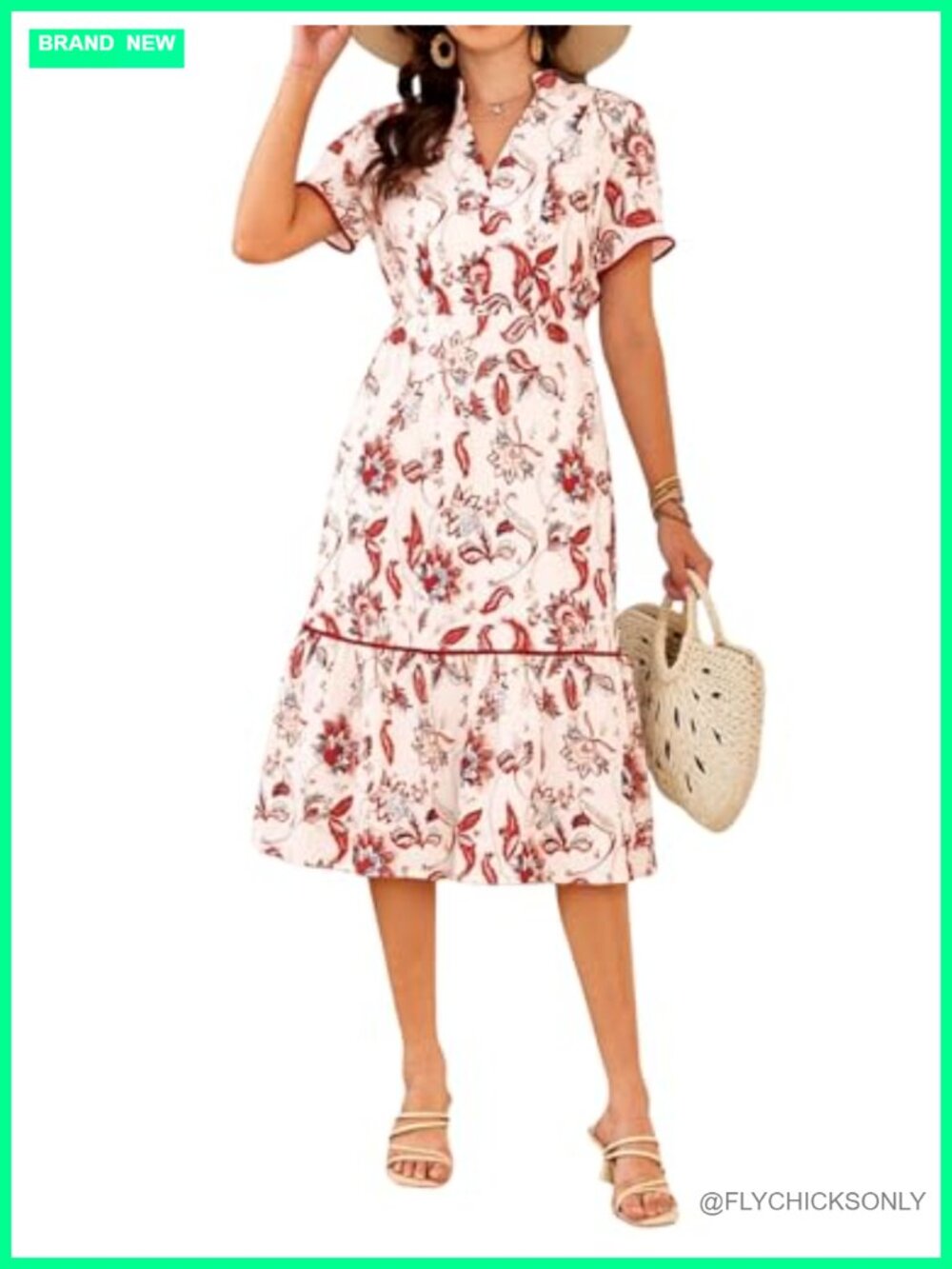 Gingham Tiered Midi Dress V-Neck Puff Sleeve Empire Waist Women's Casual Summer
